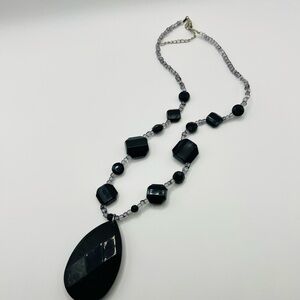 Vintage Black Faceted Teardrop Beaded Necklace Statement Pendant